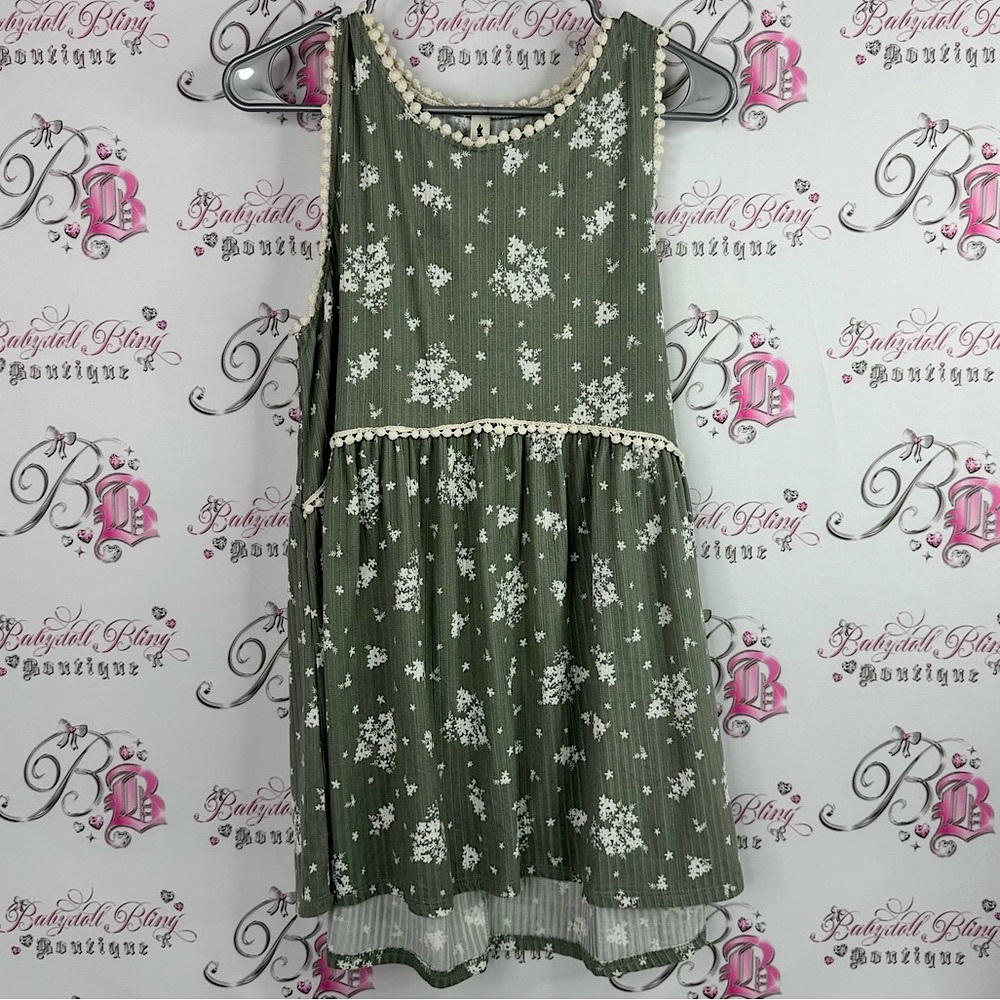 Vanilla Bay dress tank style Pom Pom tassle details Olive Floral Dress